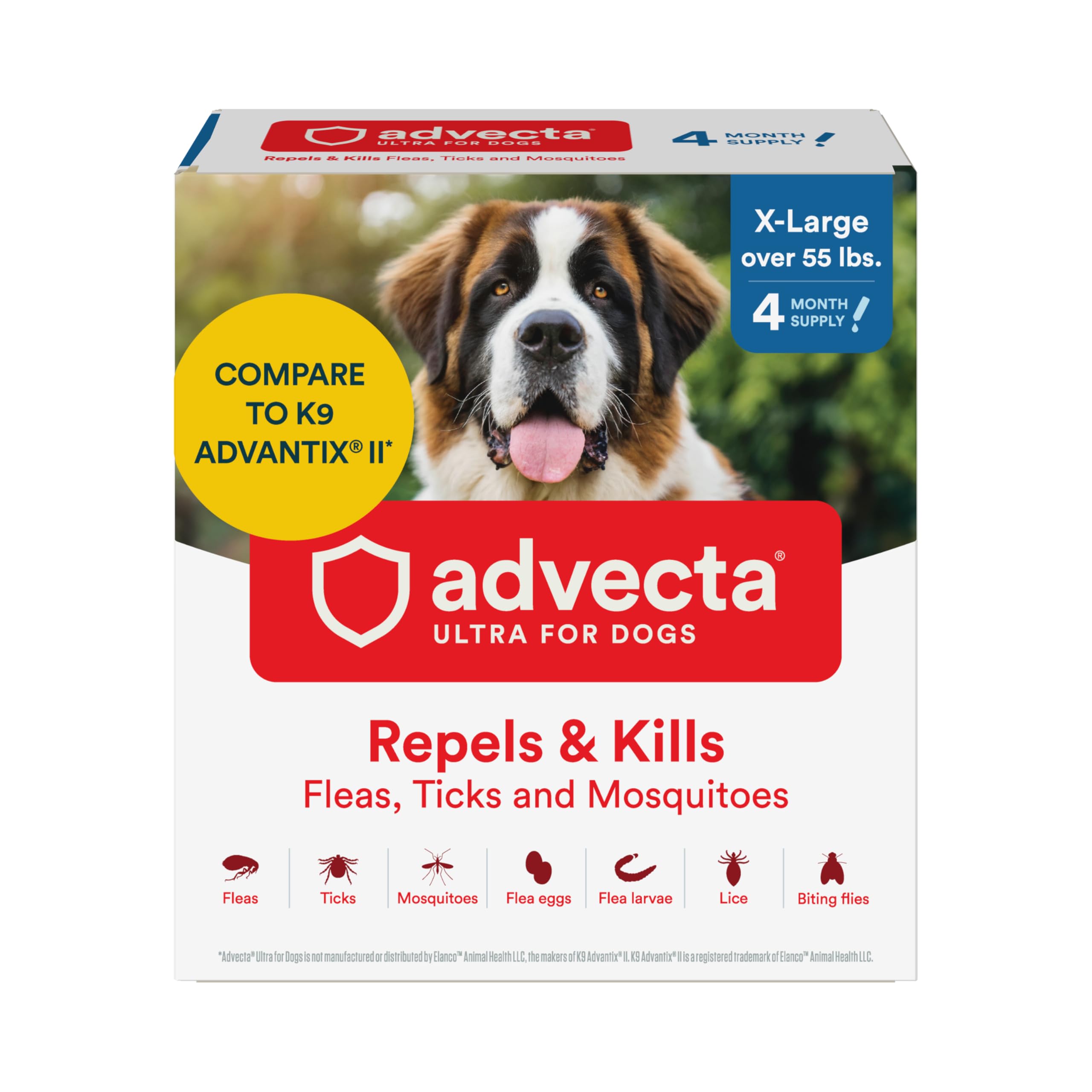 Advecta Ultra botella de aplicación en perro grande ofrece protección contra pulgas y garrapatas.