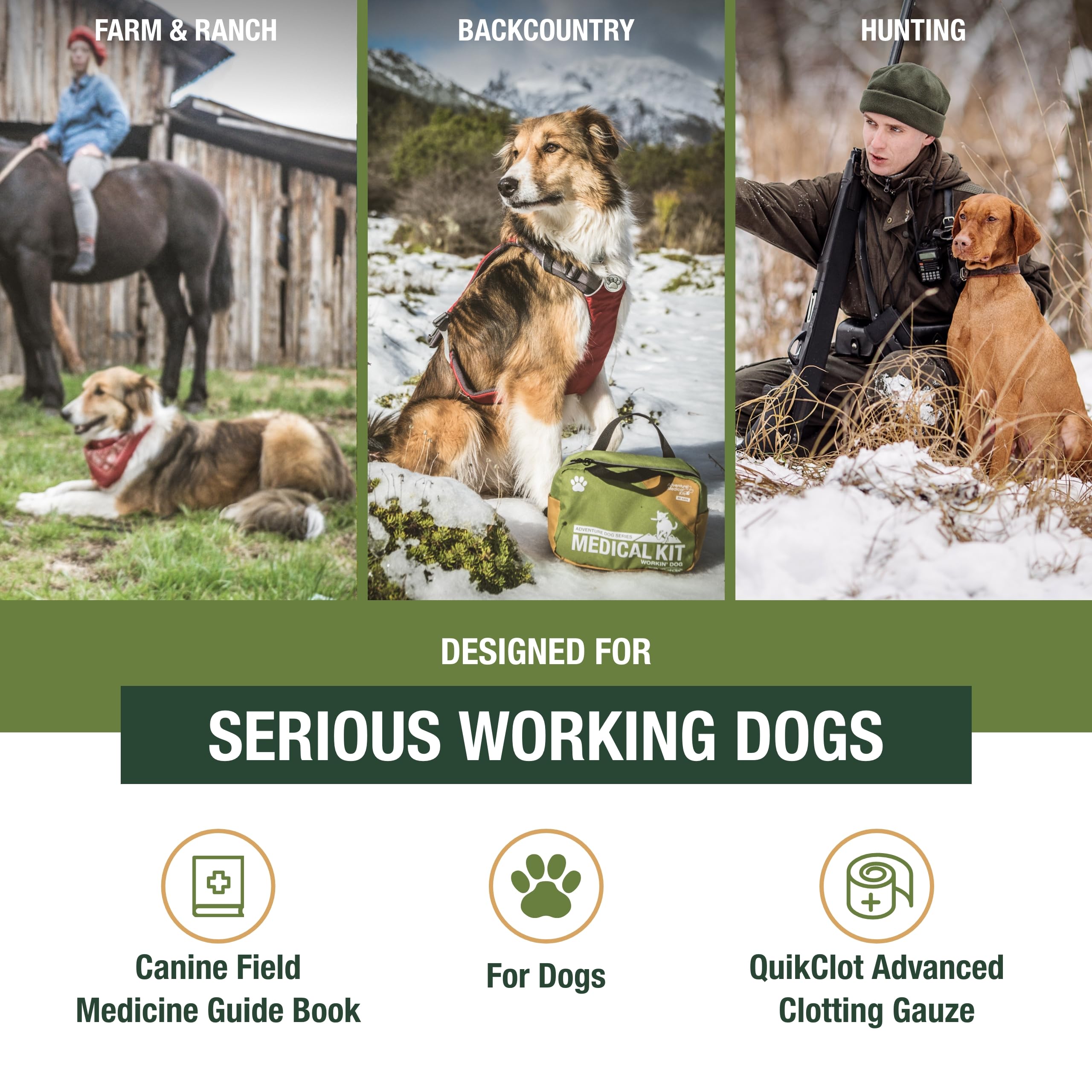 QuikClot incluido en Workin' Dog Kit para emergencias caninas en ruta.