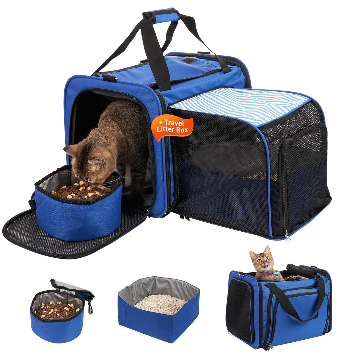 Transportín A.FATI para gato con caja de arena azul, ideal para viajes.