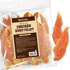 A Freschi Jerky de Pollo para Perros, tiras crujientes para recompensas.