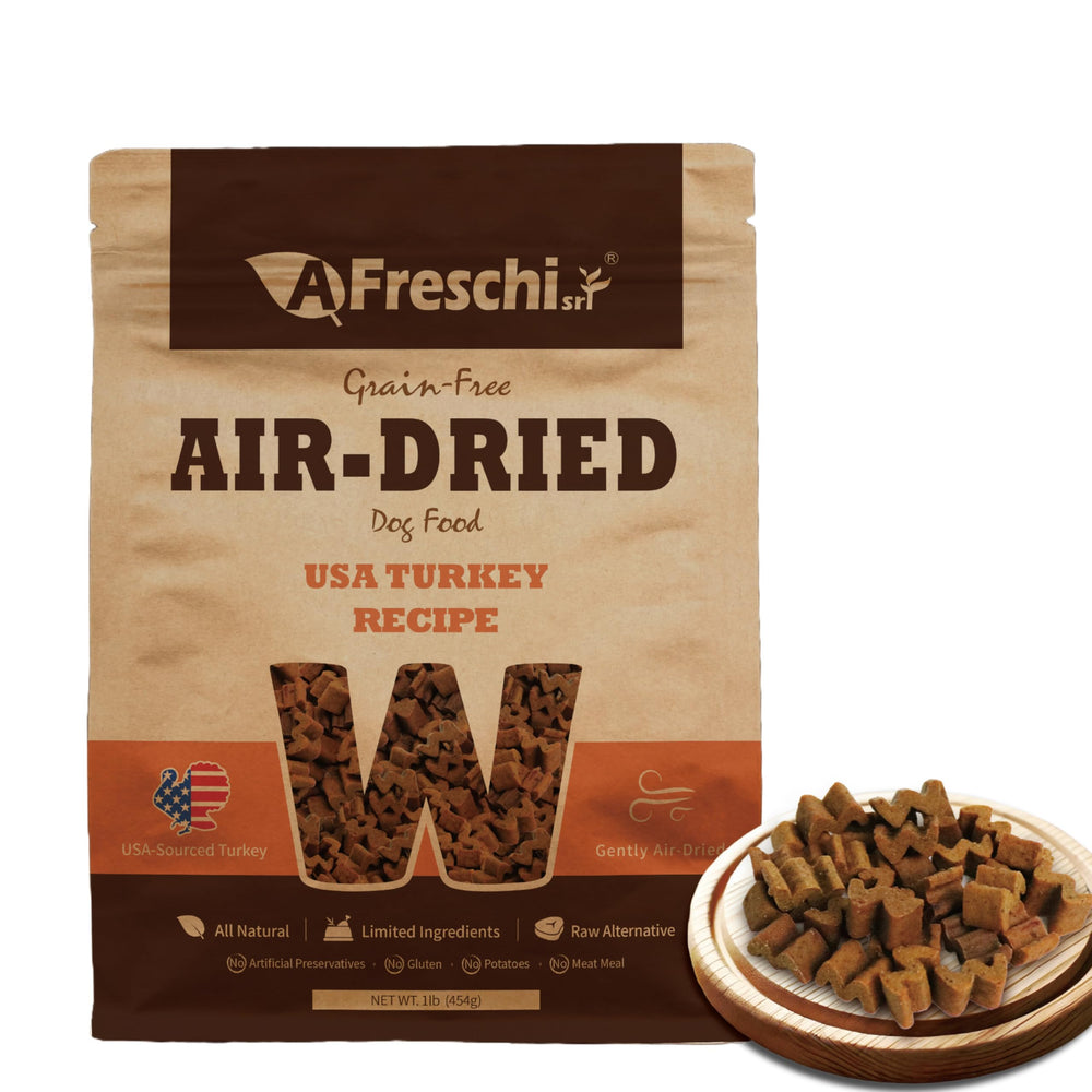 A Freschi srl alimento deshidratado para perros con pavo real, bolsa de 1 lb y alto en proteína.