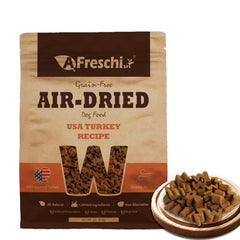 A Freschi srl alimento deshidratado para perros con pavo real, bolsa de 1 lb y alto en proteína.