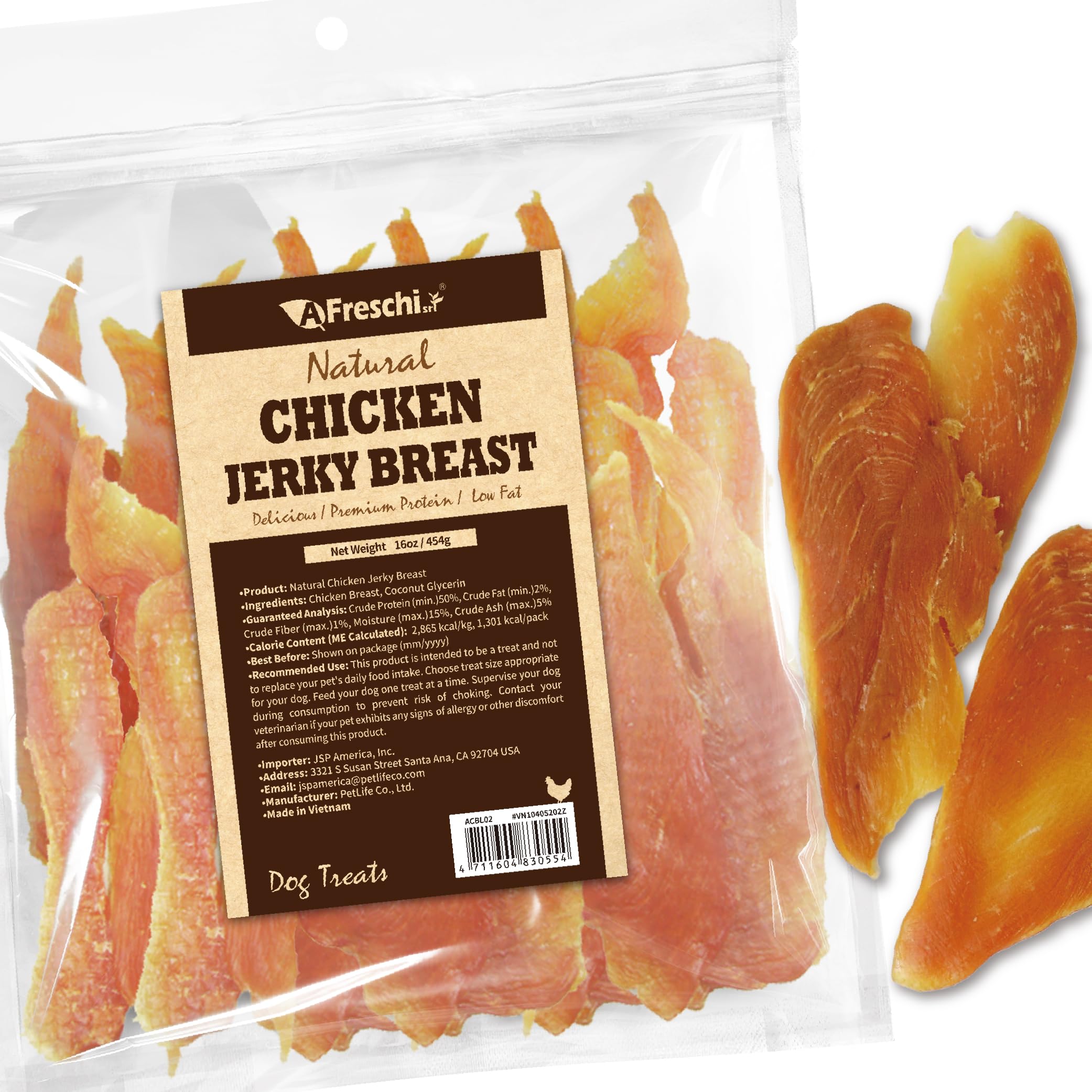 Tiras de pollo para perros de A Freschi srl en empaque 16oz, snack proteico para perros activos.