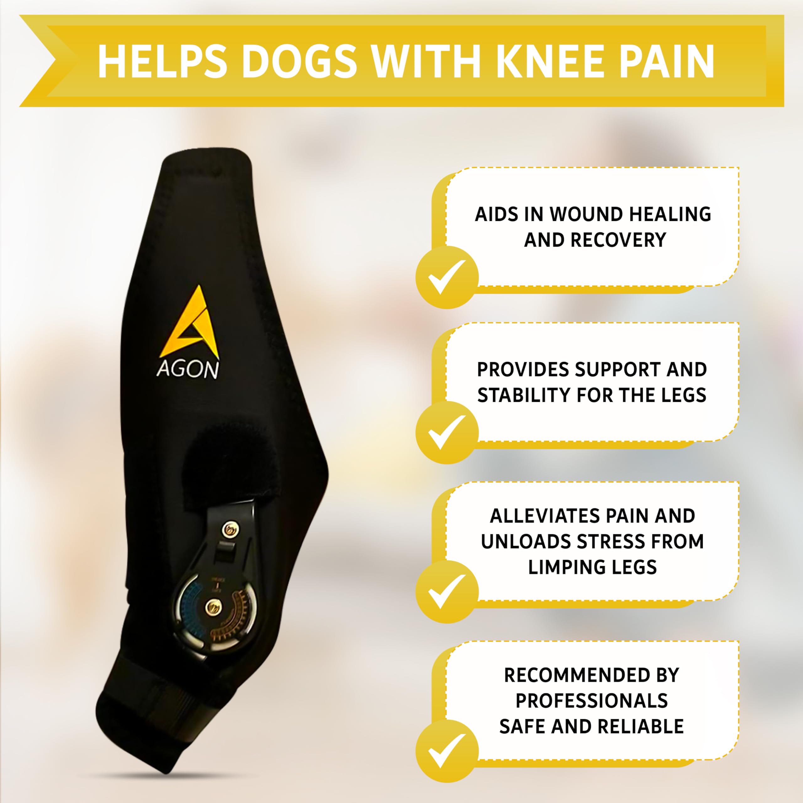 AGON rodillera para perro neopreno premium, enfoque en material agradable y cómodo para uso diario.