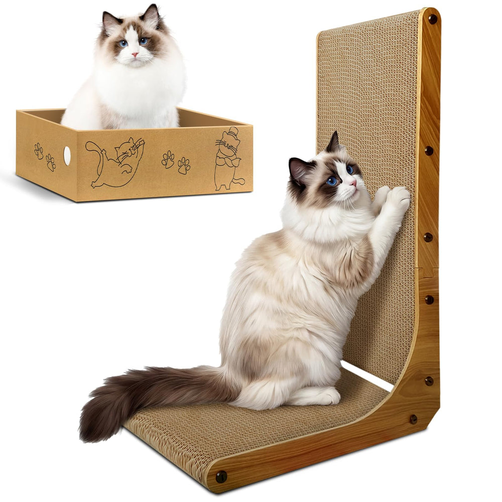 AGYM rascador en L para gatos, forma de 26 pulgadas, facilita estiramiento y juego seguro en interiores.