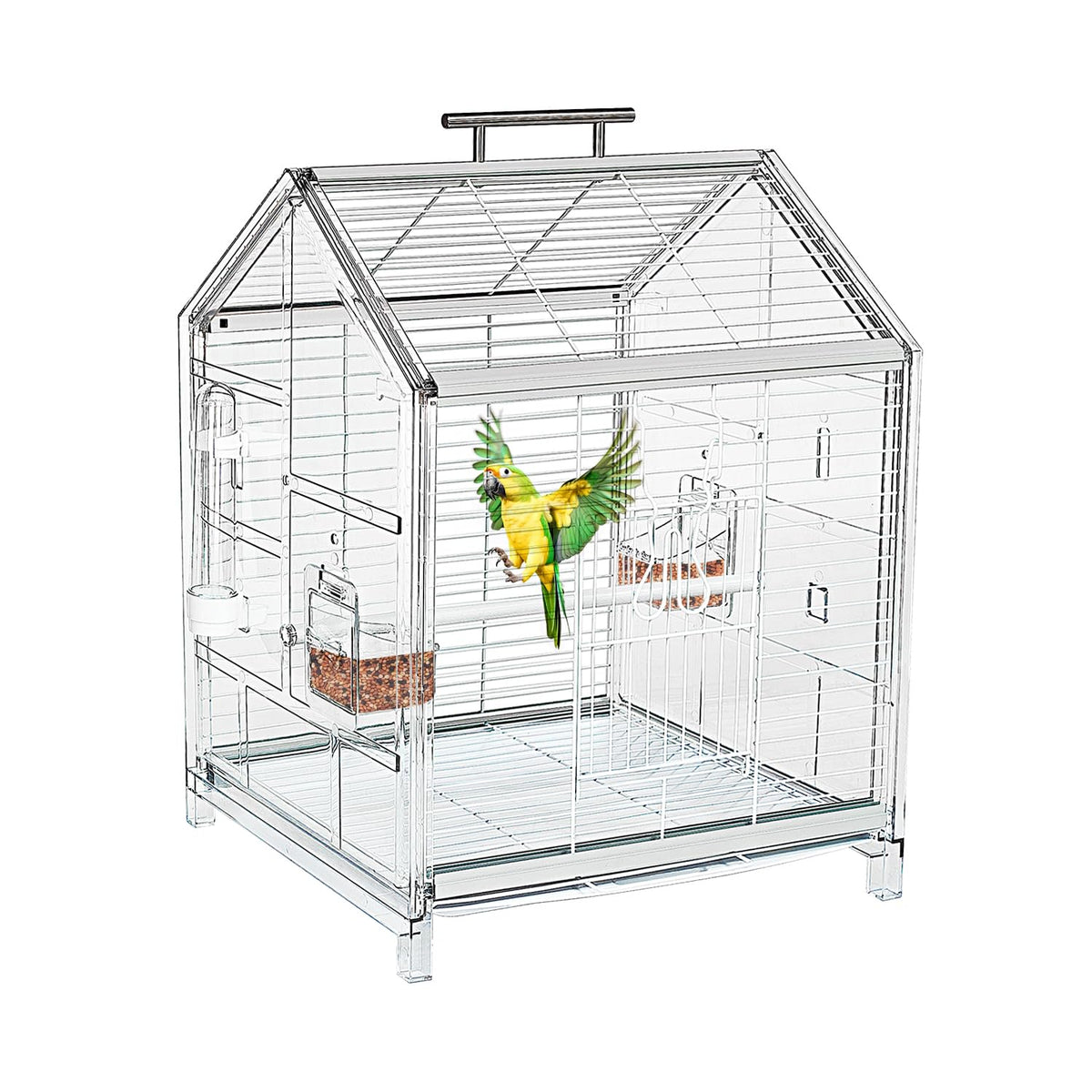 Jaula AideeGrowth para aves pequeñas, vista frontal clara para observar hábitos.