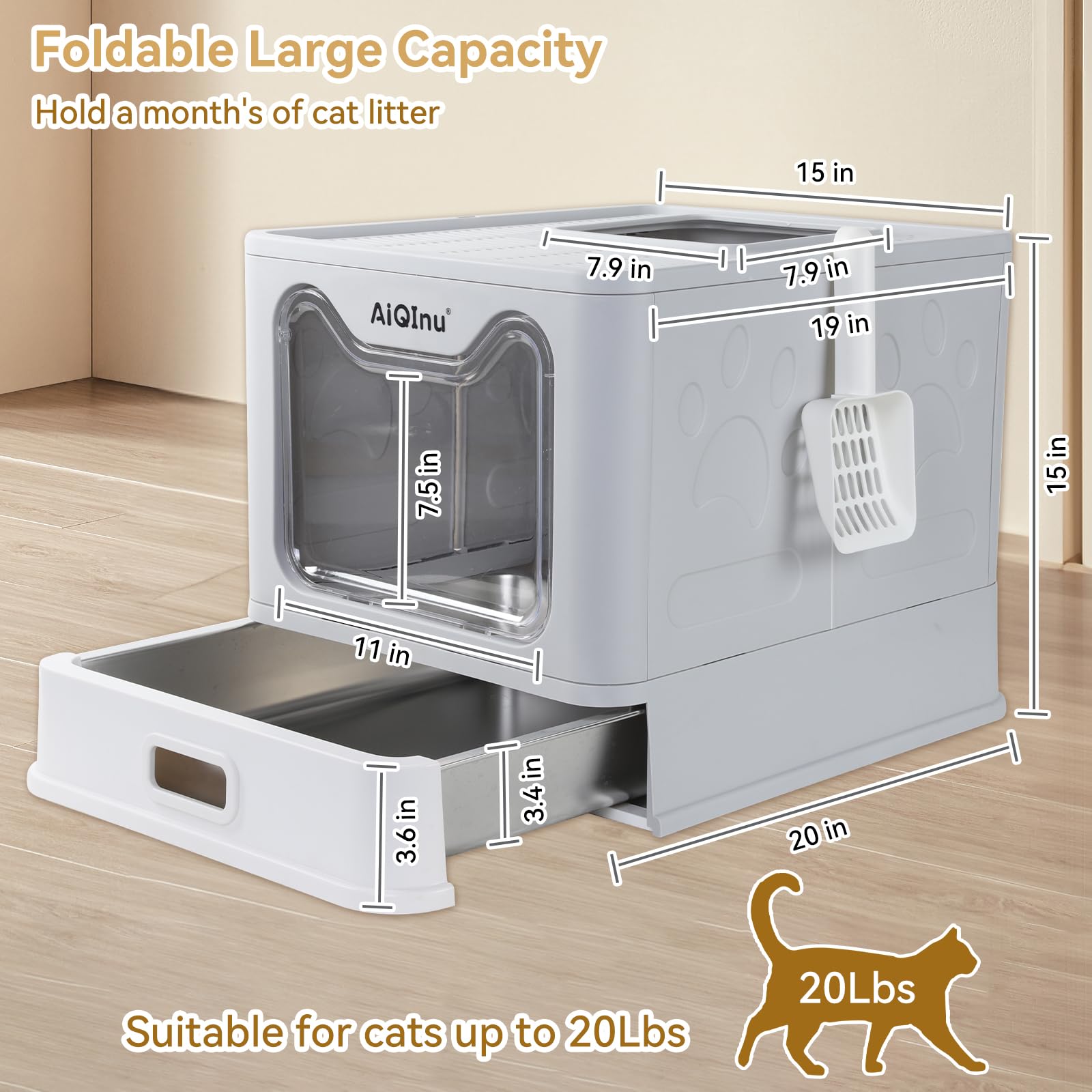 AiQInu caja arenero acero inoxidable, acceso superior para limpieza rápida.