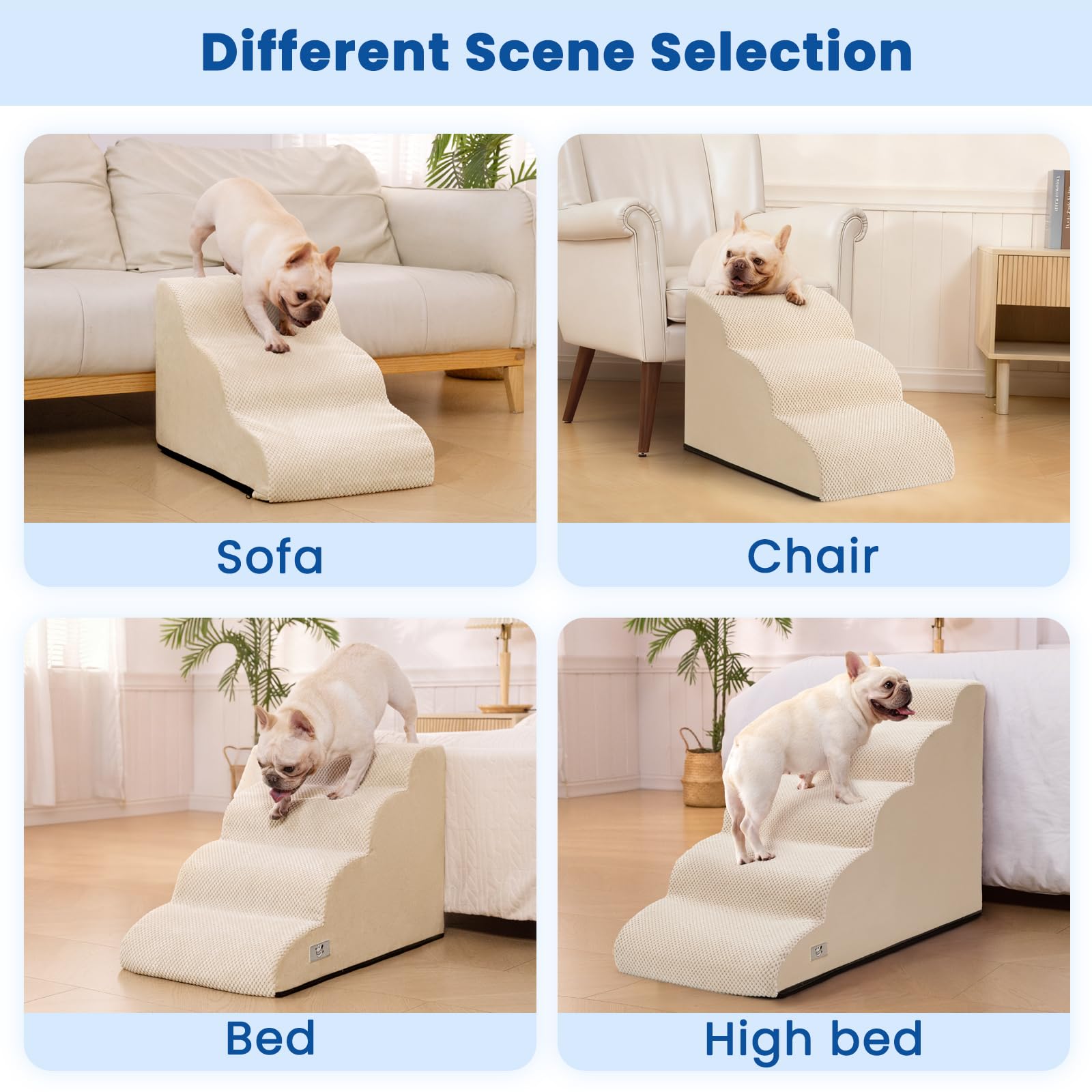 Airpanda escalera de 4 escalones para perros y gatos sobre cama mediana