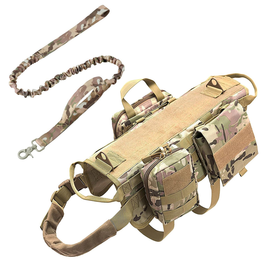 Arnés táctico AIWAI en camuflaje XL con correa, ideal para paseos al aire libre.
