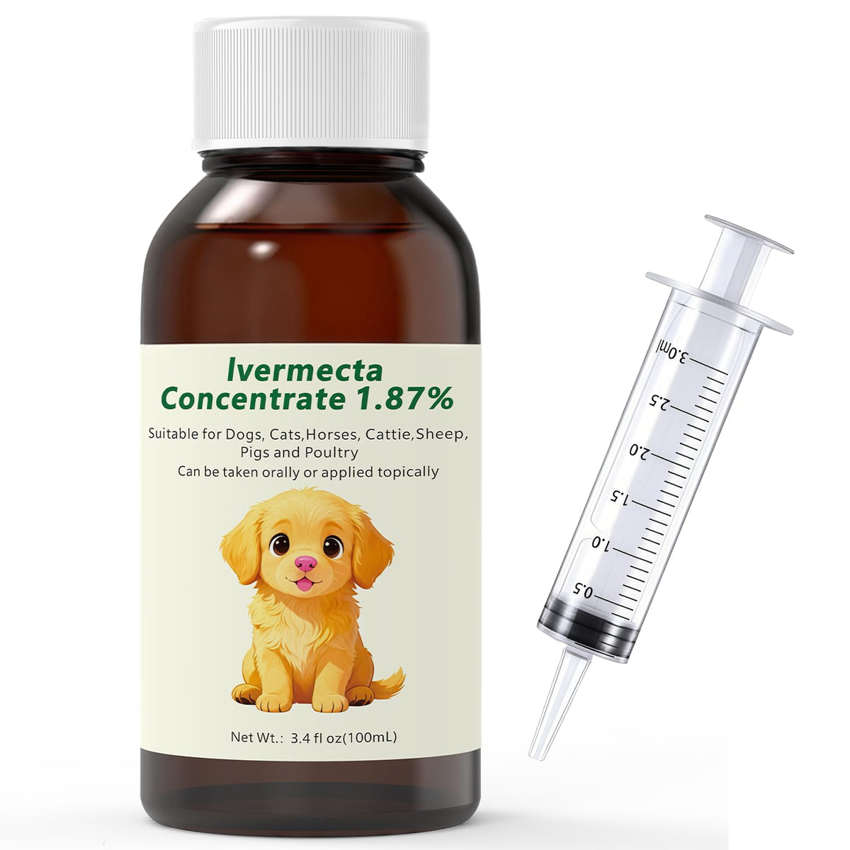 Ajfwm Lvermect: botella de 100 mL lista para dosis en casa.