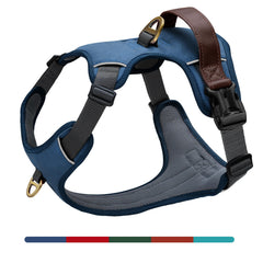 AKAILEA arnés sin tirones con clip frontal azul para paseos controlados.