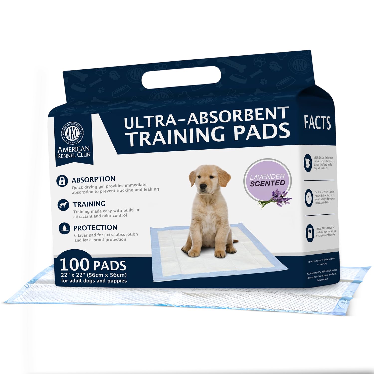AKC pañales de entrenamiento para cachorros con gel ultra absorbente y lavanda.
