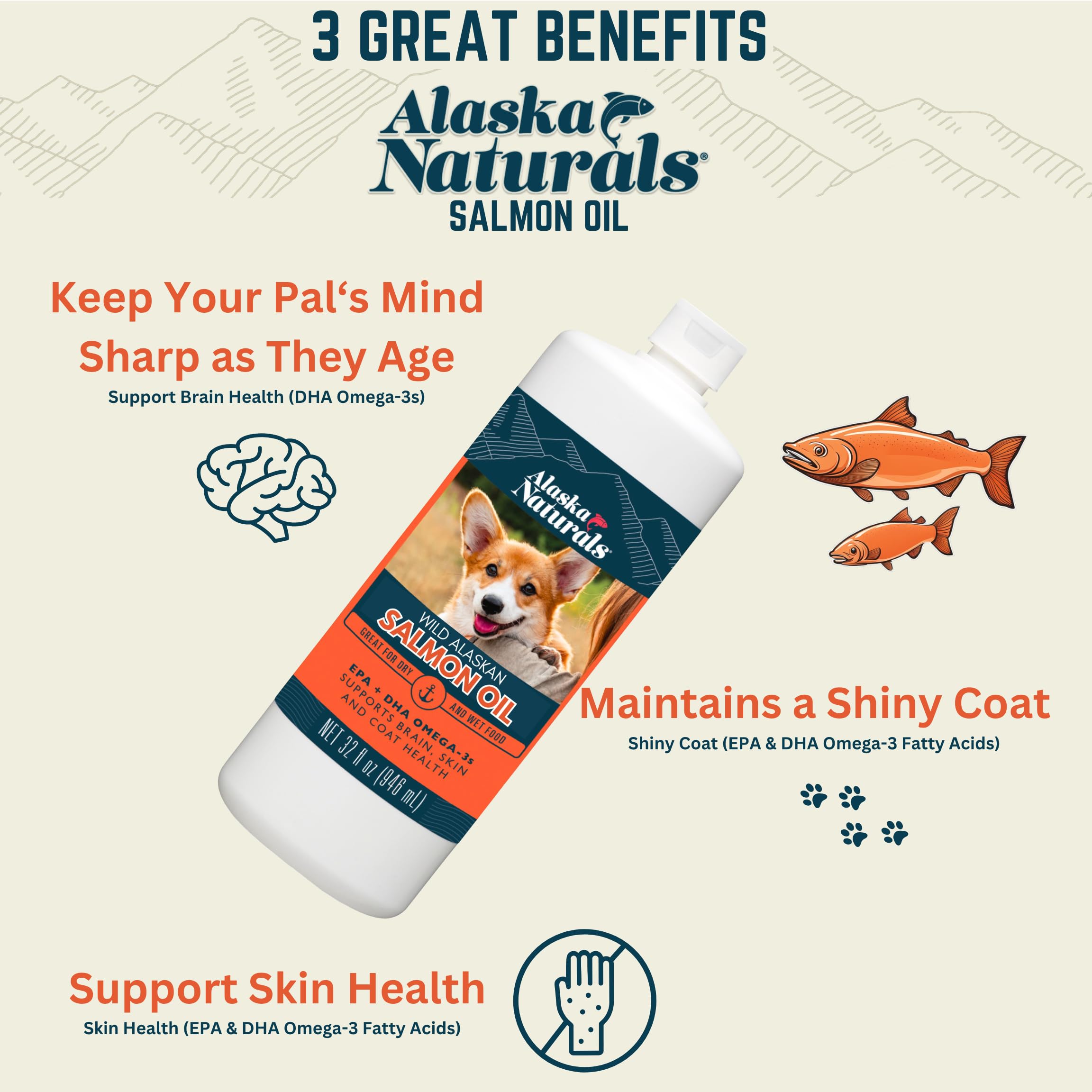 Salmón Alaska Naturals con omega-3 para perros, apoyo para piel y pelaje.