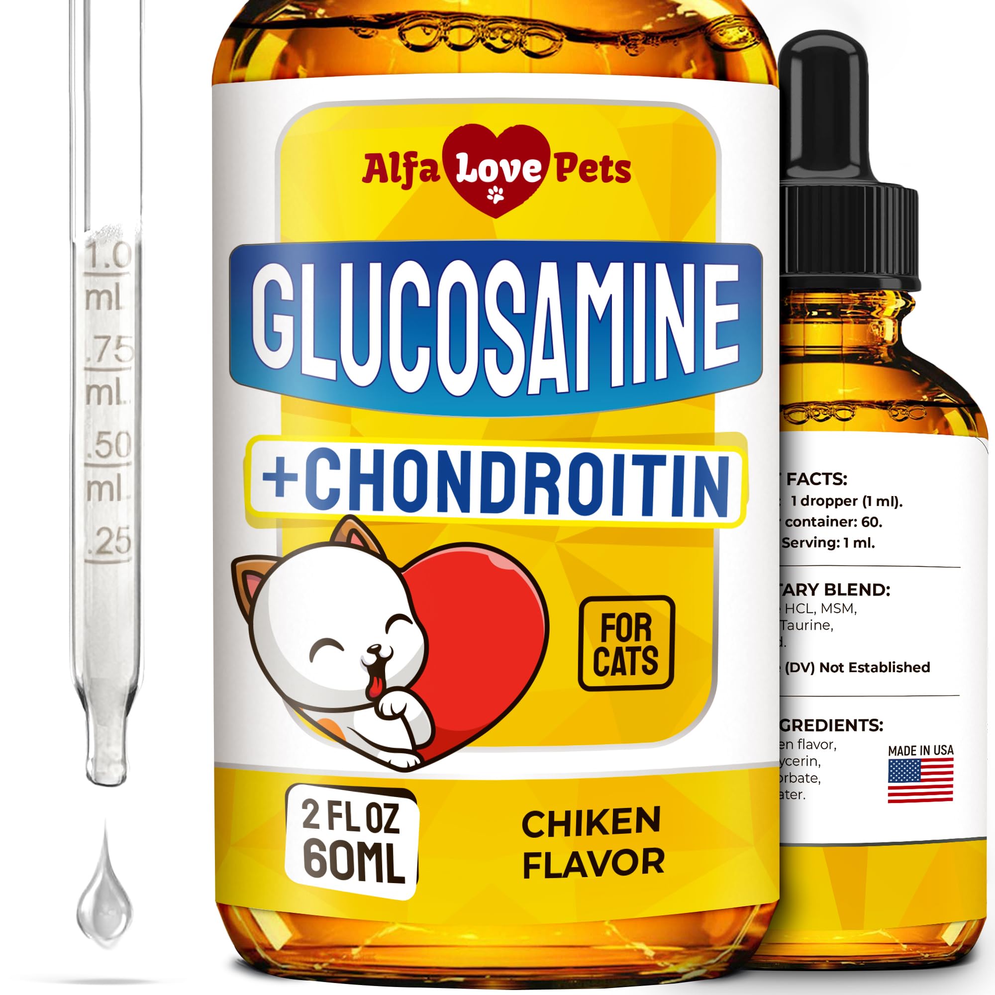 Alfa Love Pets glucosamina líquida para gatos, frente del frasco destaca articulaciones y movilidad