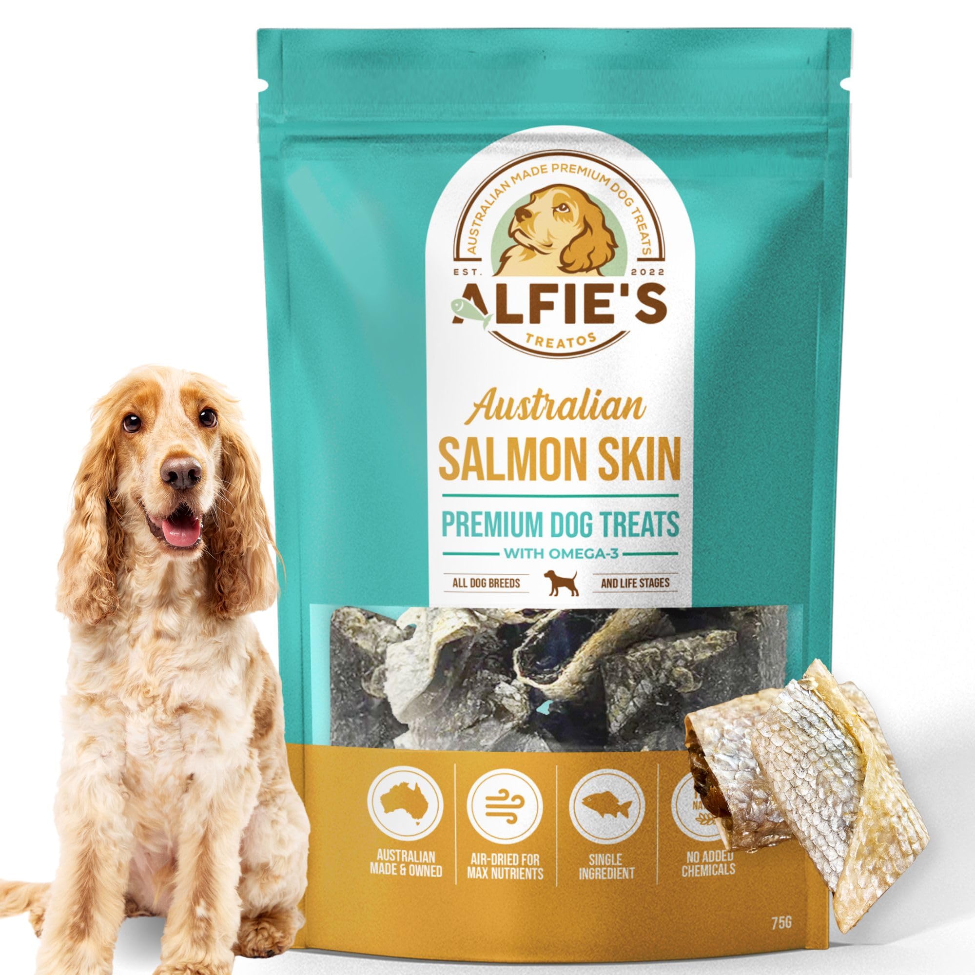 ALFIE'S TREATOS piel de salmón crujiente en bolsa para perros, snack premium para perros.