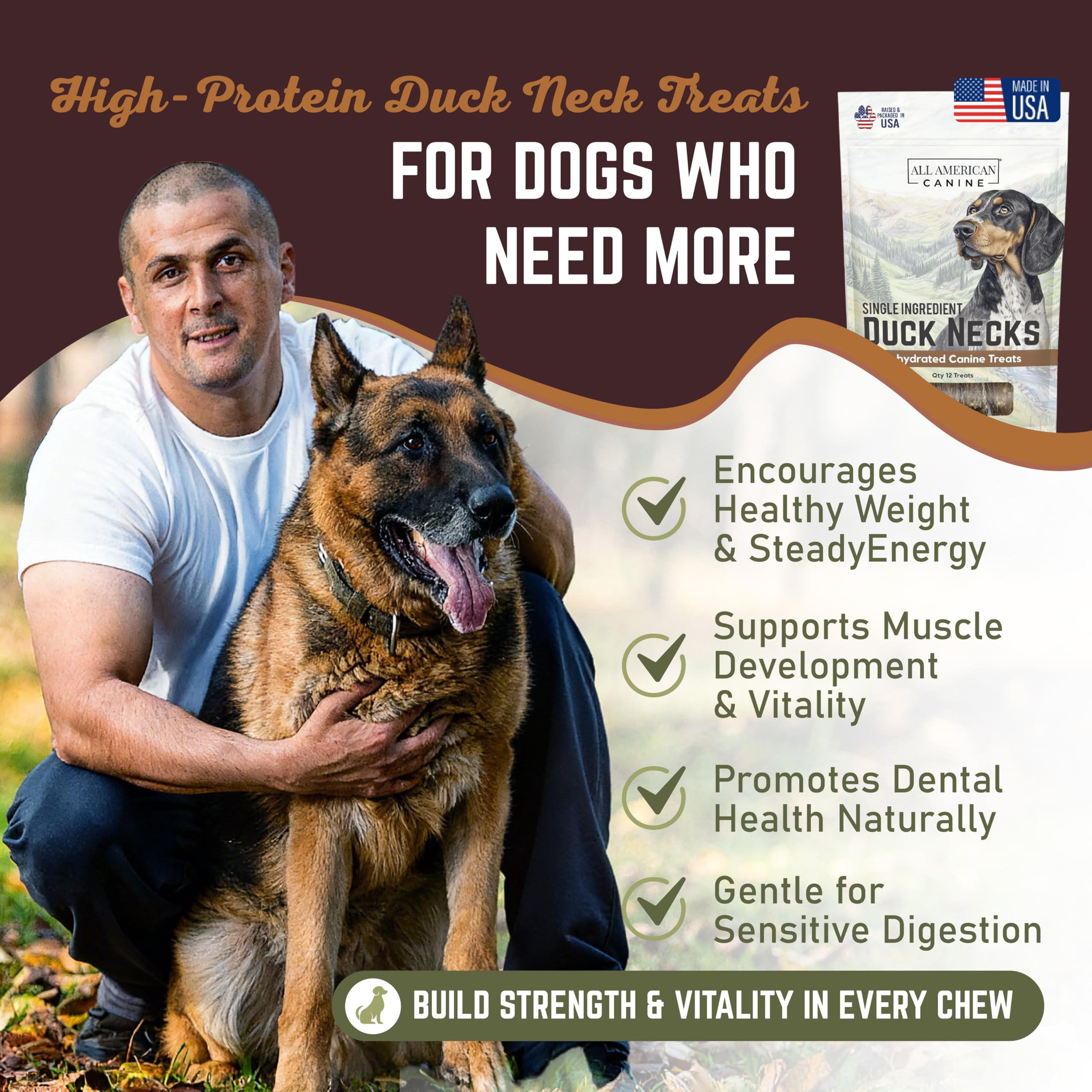 All American Canine cuello de pato ingrediente único: snack natural para dietas sensibles.