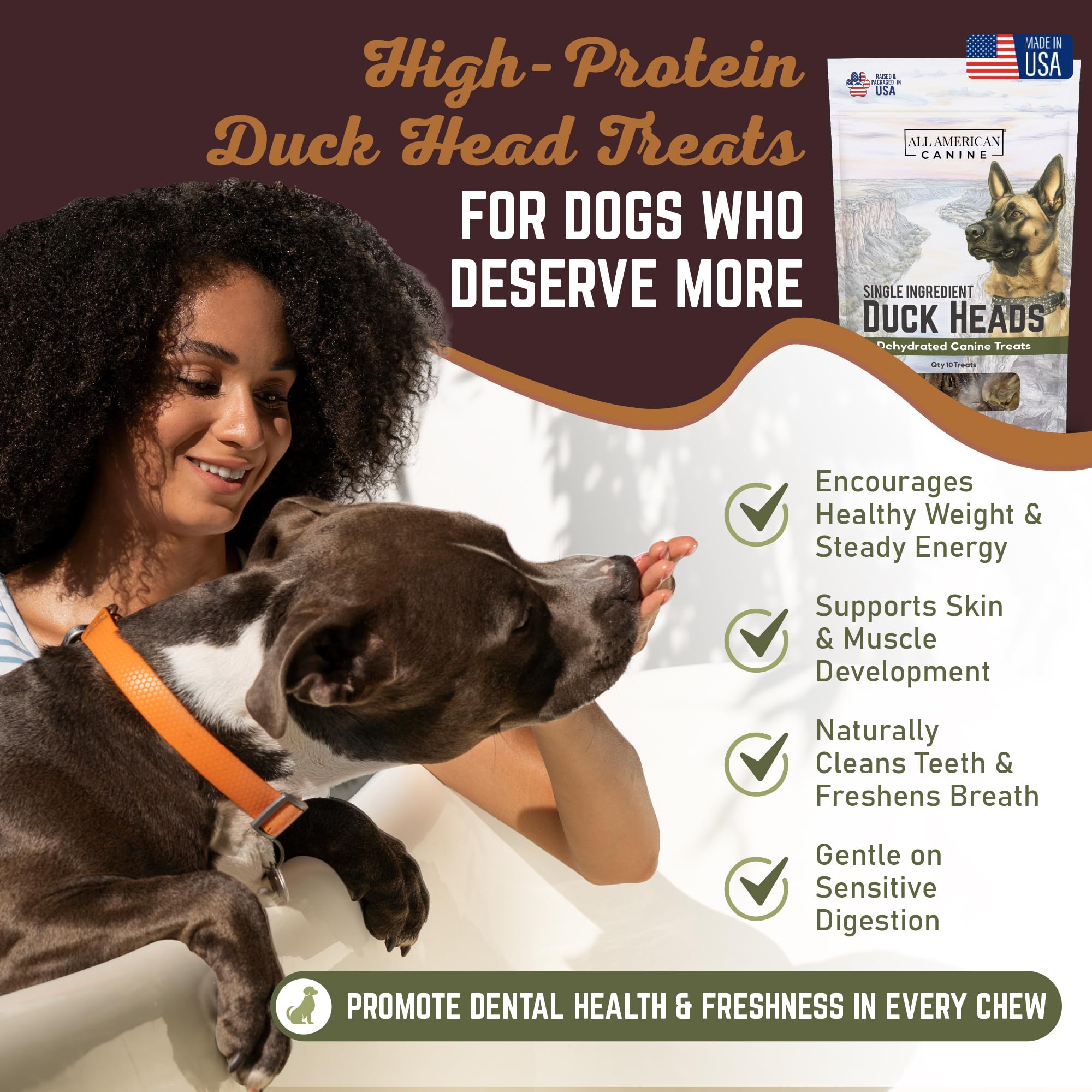 All American Canine, beneficios dentales al morder cabezas de pato.