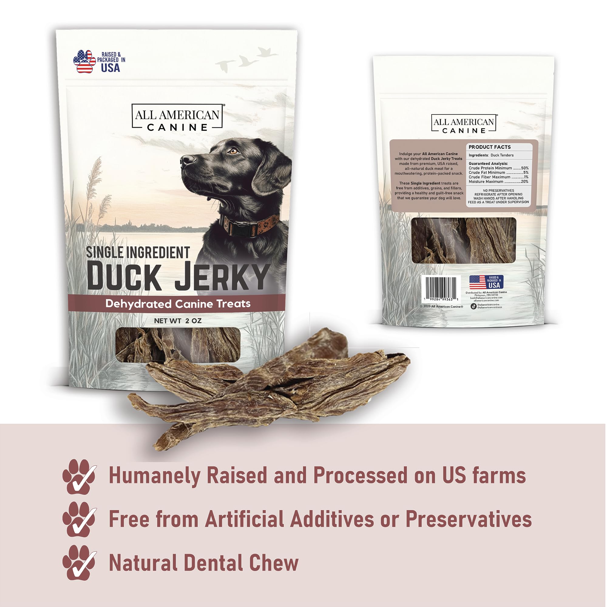 All American Canine tiras de pato deshidratadas, proteína pura para snack diario.