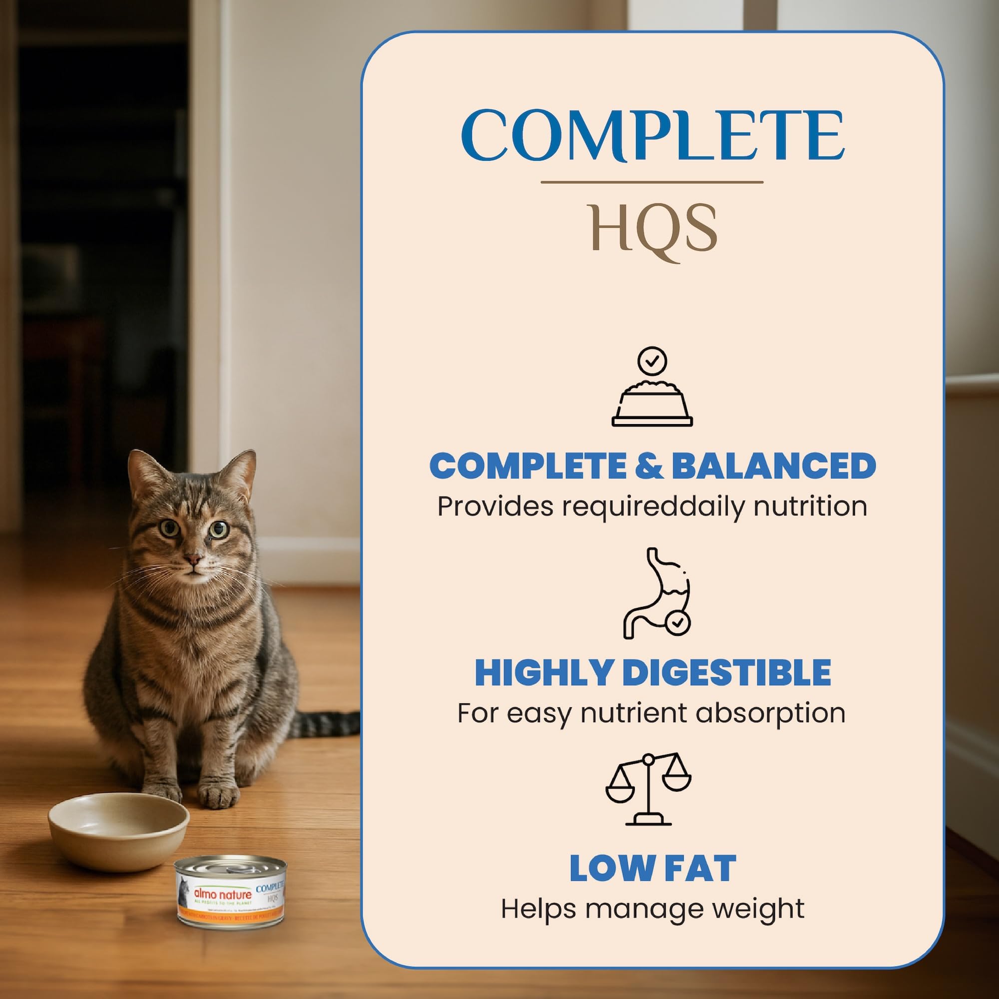 Almo Nature HQS Complete, fórmula sin gluten ni subproductos para una dieta equilibrada.