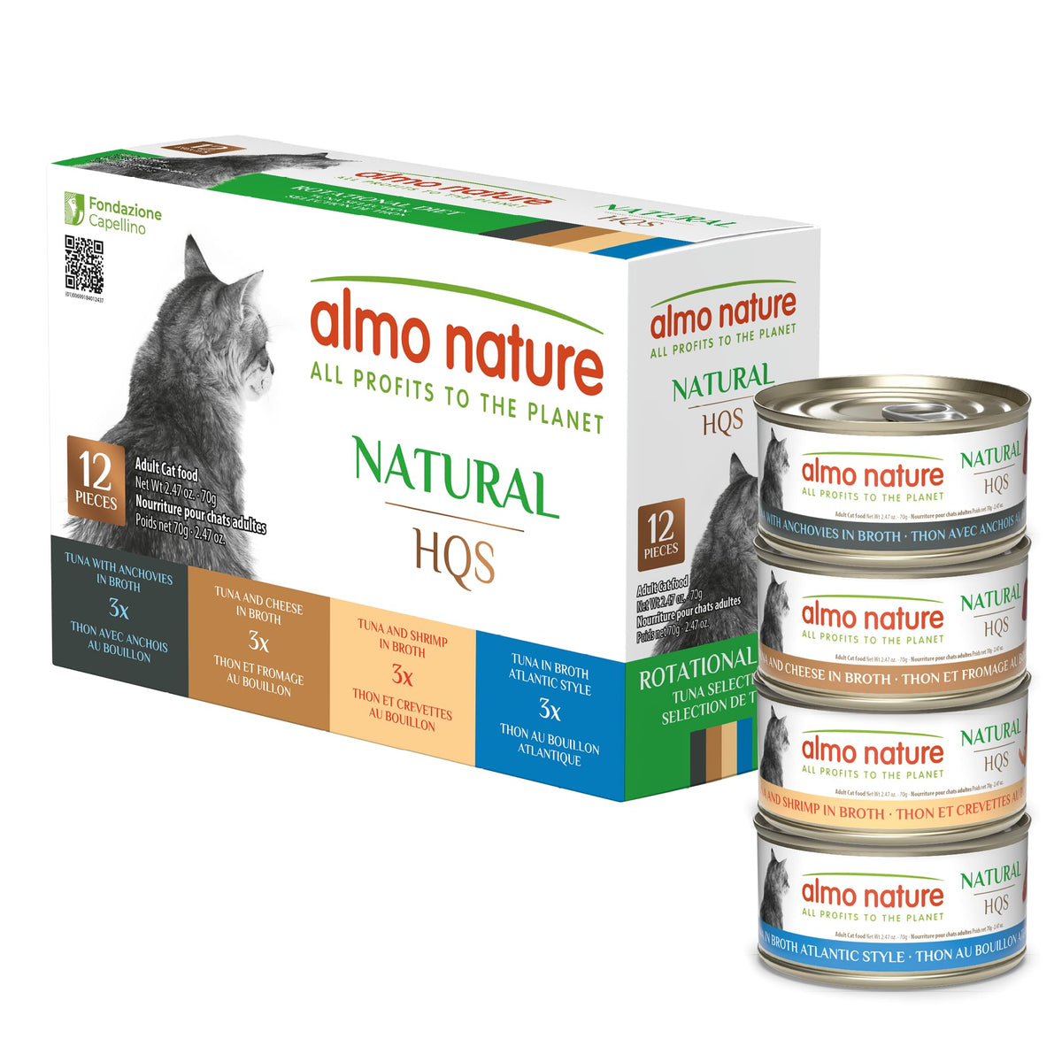 Almo Nature HQS para gato, lata de atún abierta, opción sabrosa para alimentación diaria.