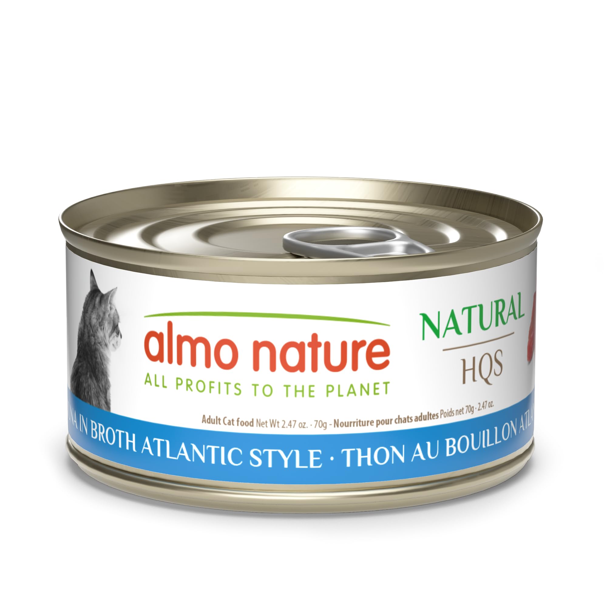 HQs Natural de Almo Nature atún en caldo Atlántico, lata abierta, sabor apetitoso para gatos