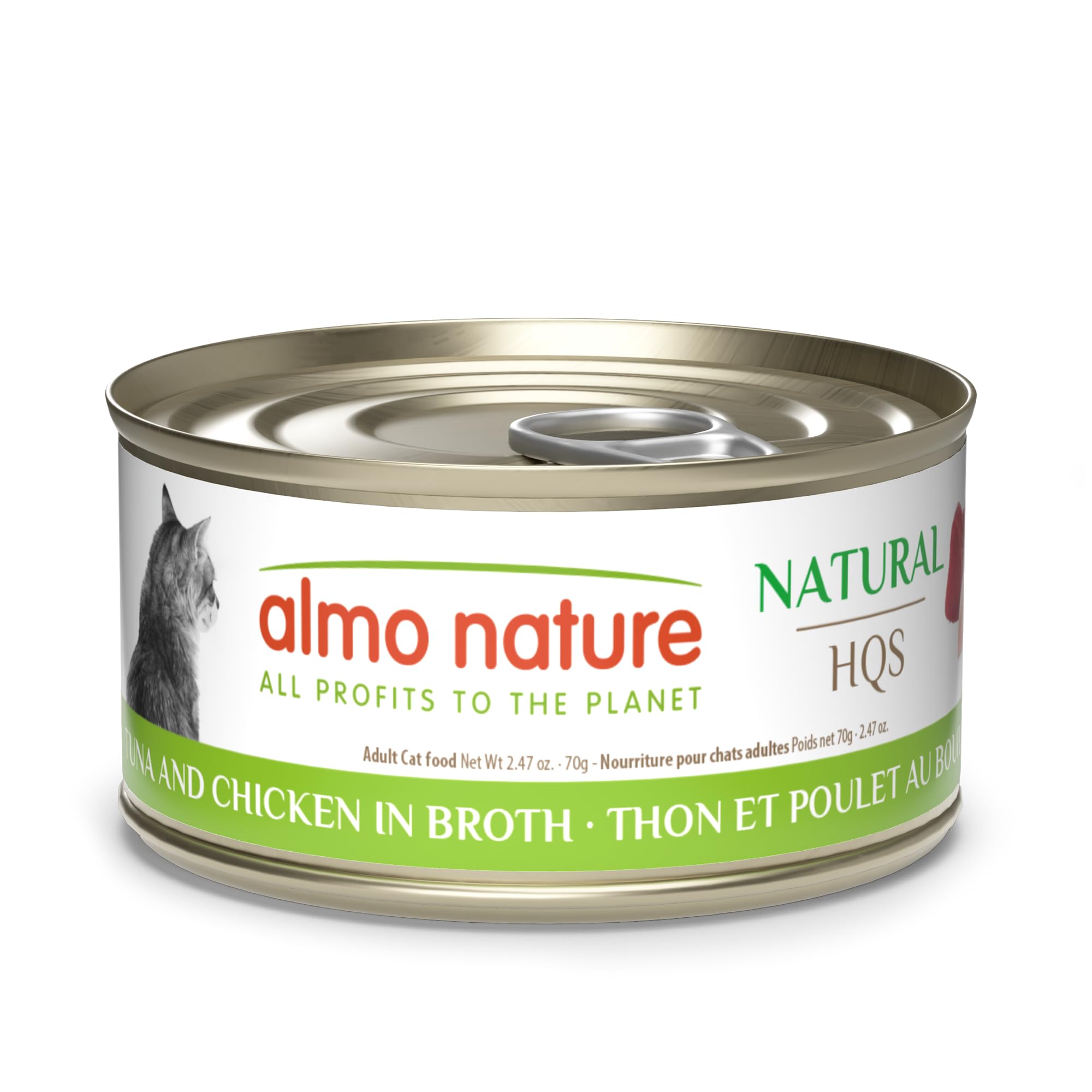 Gato disfruta HQS Natural de Almo Nature con atún y pollo en caldo nutritivo.