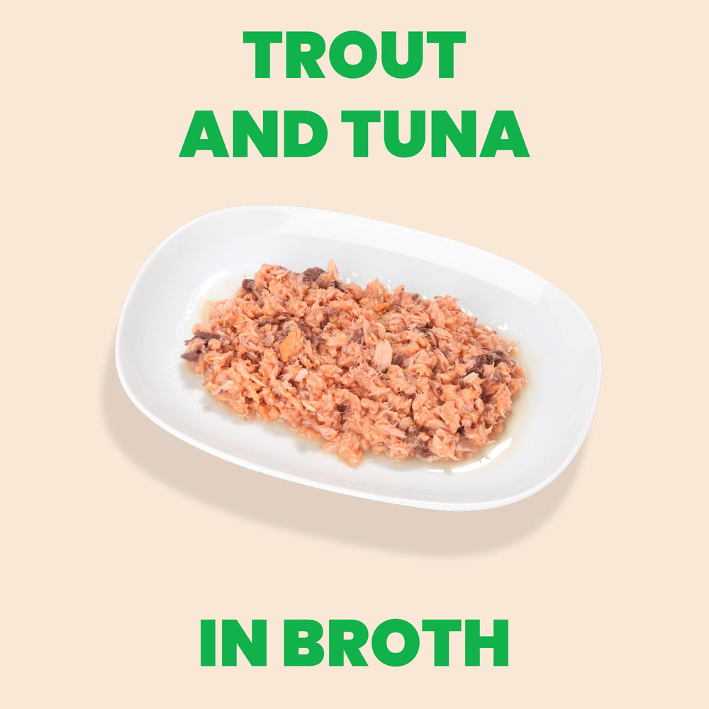 Primer plano de trozos de trucha y atún en caldo, sabor apetecible para gatos exigentes