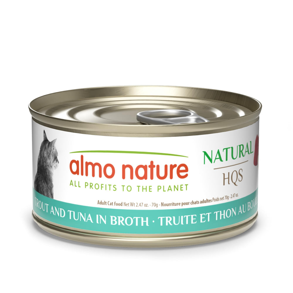 Almo Nature HQS Natural: lata para gato con trucha y atún en caldo, ideal para nutrición diaria