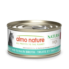 Almo Nature HQS Natural: lata para gato con trucha y atún en caldo, ideal para nutrición diaria