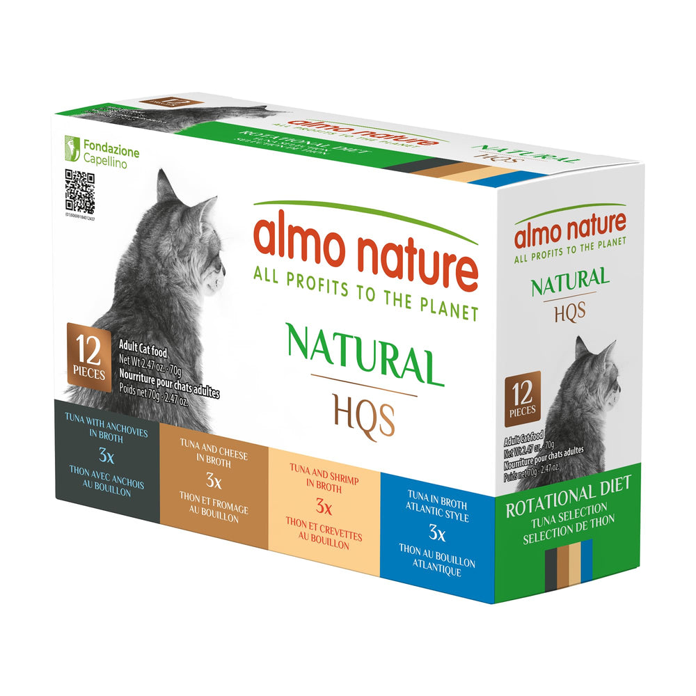 Empaque de 12 latas Almo Nature HQS, conveniencia para rotación de dieta.