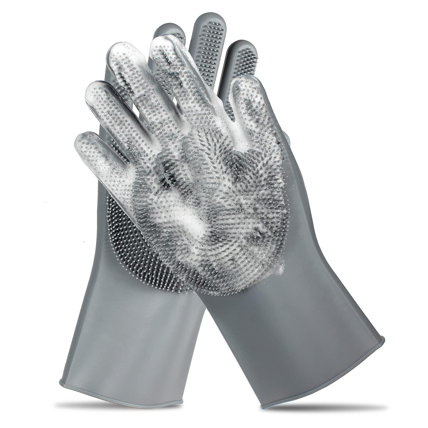 ALPENKOK guantes de lavado para mascotas en uso durante el baño suave.