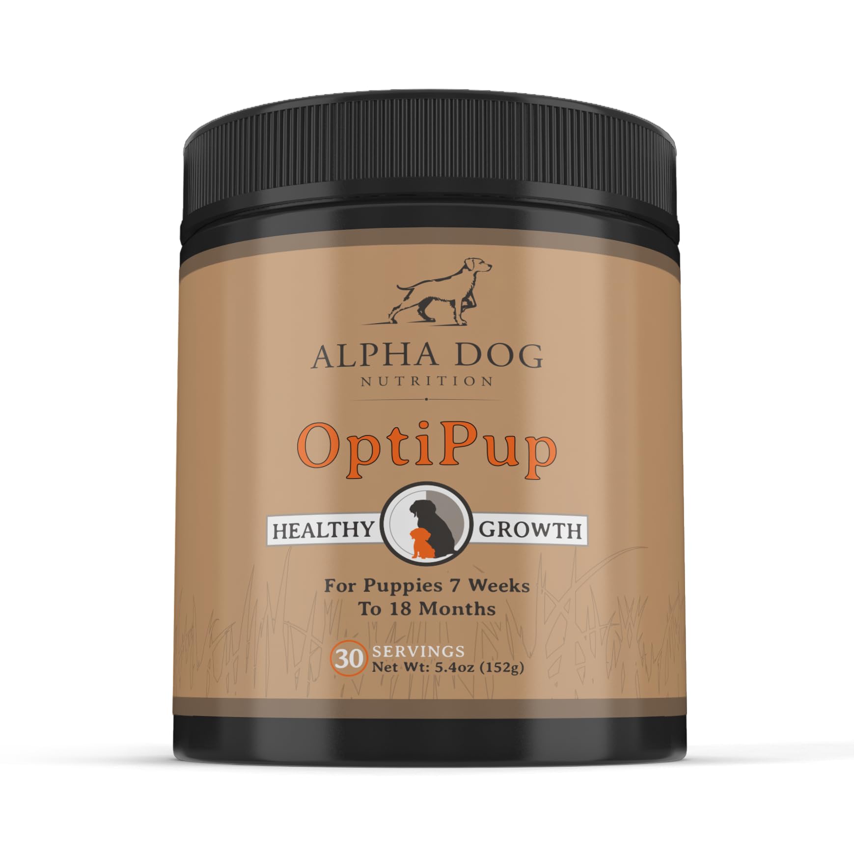 OptiPup de Alpha Dog Nutrition, botella frontal, respaldo digestivo suave para cachorros.
