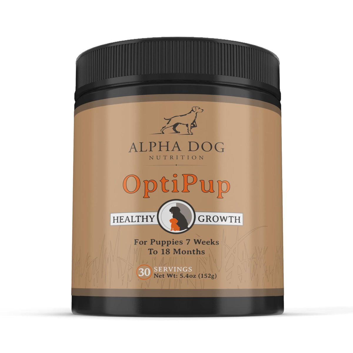 OptiPup de Alpha Dog Nutrition, botella frontal, respaldo digestivo suave para cachorros.