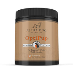 OptiPup de Alpha Dog Nutrition, botella frontal, respaldo digestivo suave para cachorros.