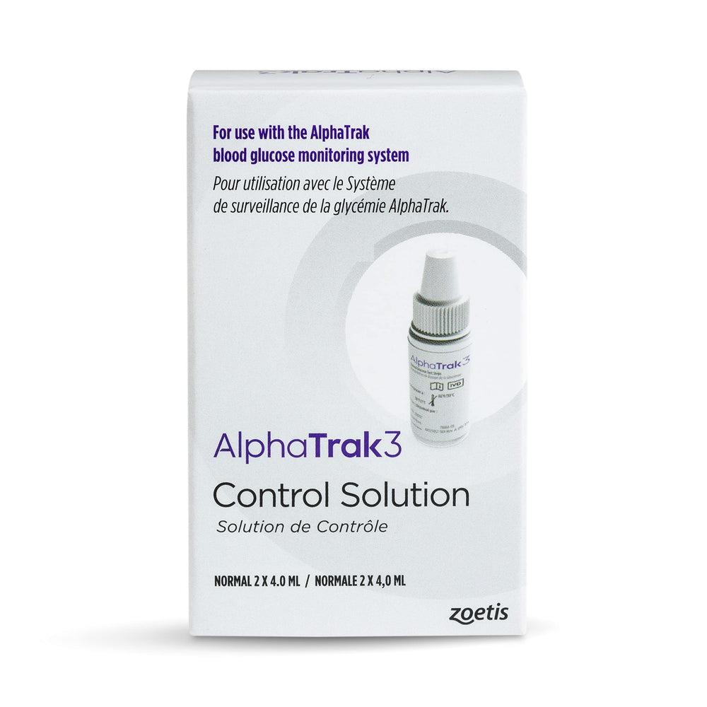 Solución de control AlphaTRAK 3 en botellas de 4 mL para practicar pruebas.