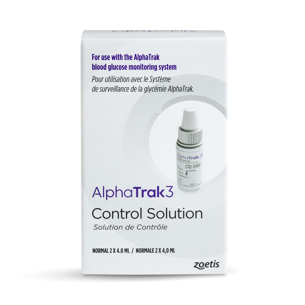 Solución de control AlphaTRAK 3 en botellas de 4 mL para practicar pruebas.