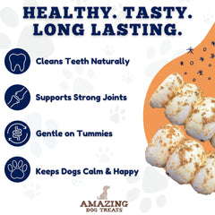 Amazing Dog Treats, masticando rollos de res que cuidan la salud dental.