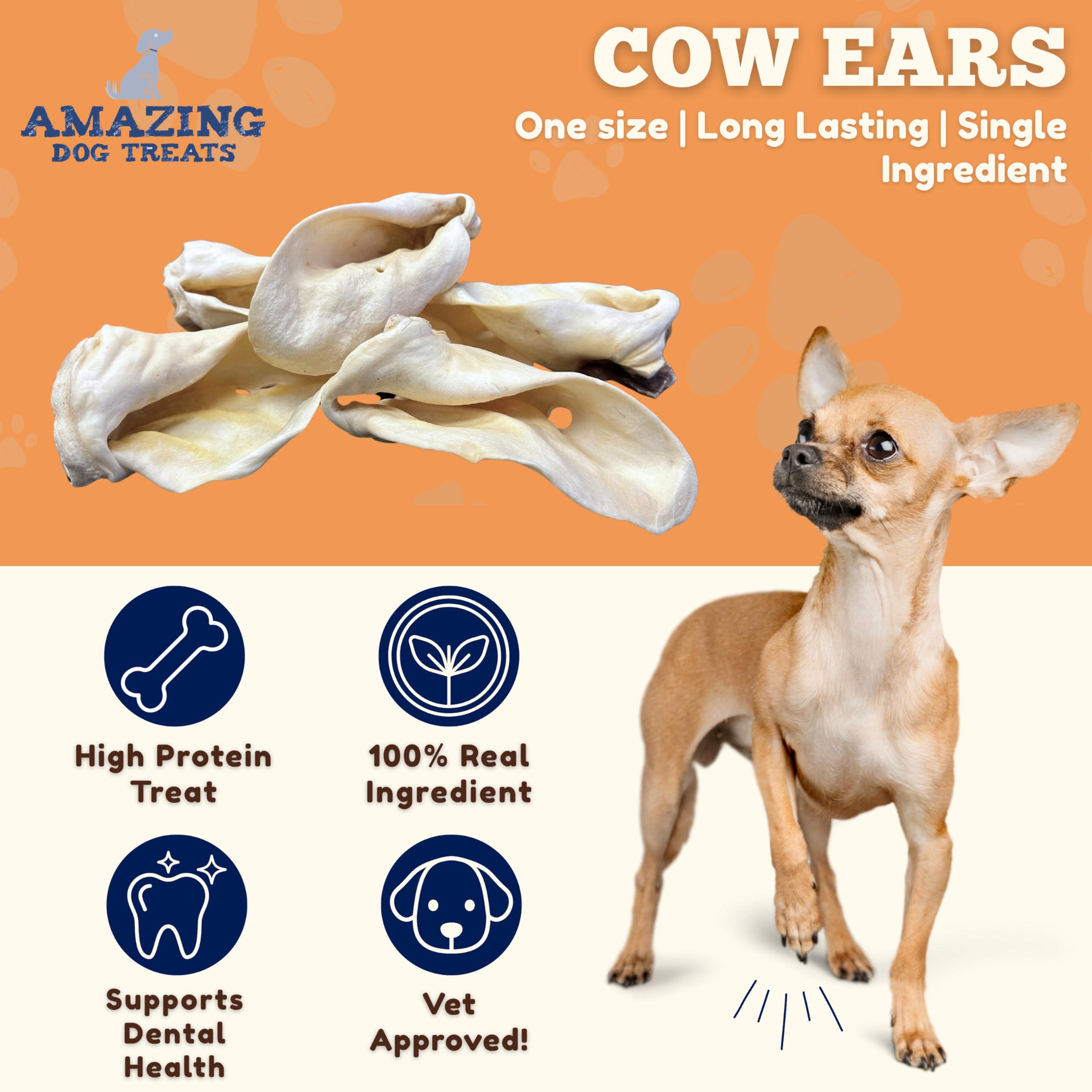 Amazing Dog Treats orejas de vaca sin aditivos, snack natural para perros