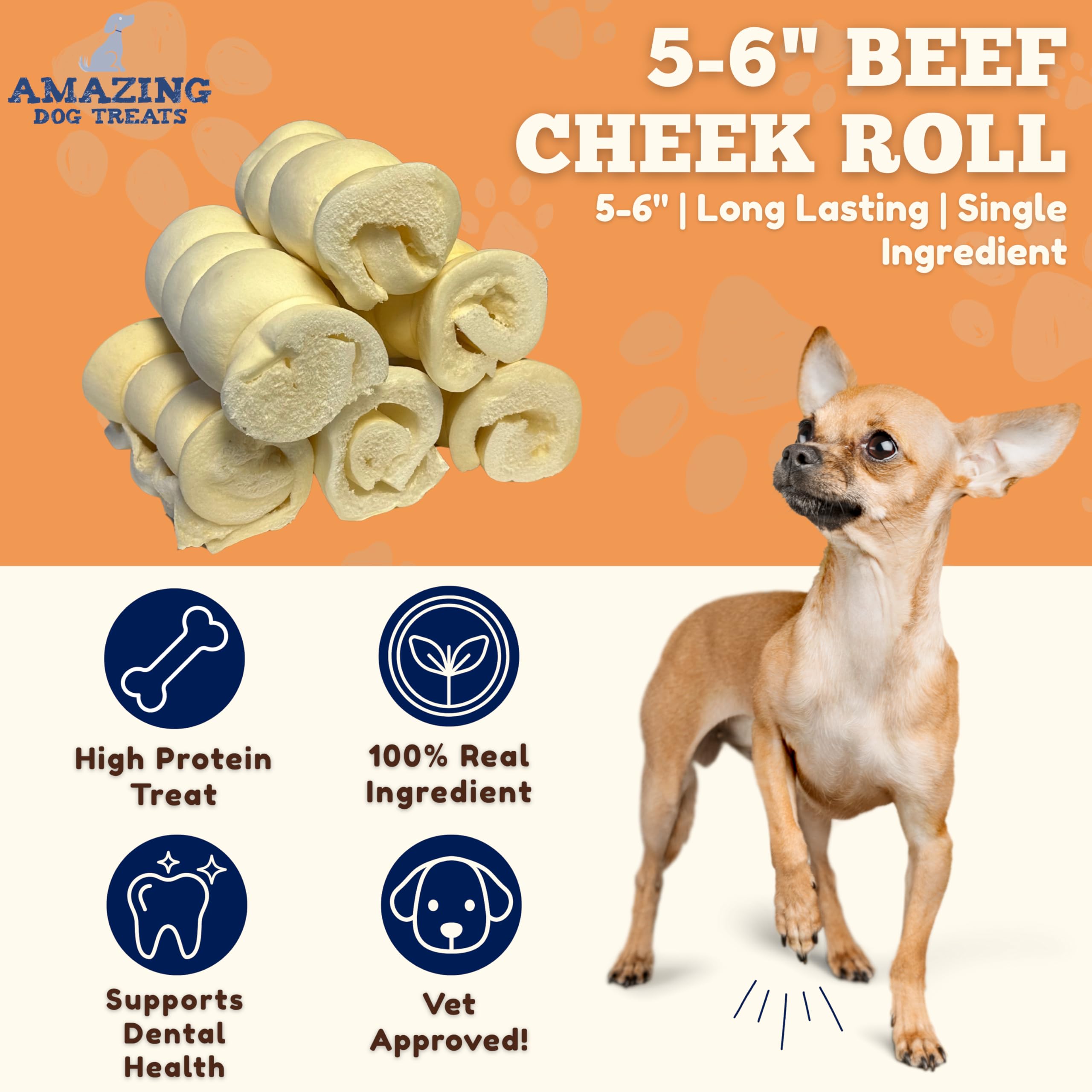 Rollos de cachete de res de Amazing Dog Treats, recompensa duradera para perros grandes