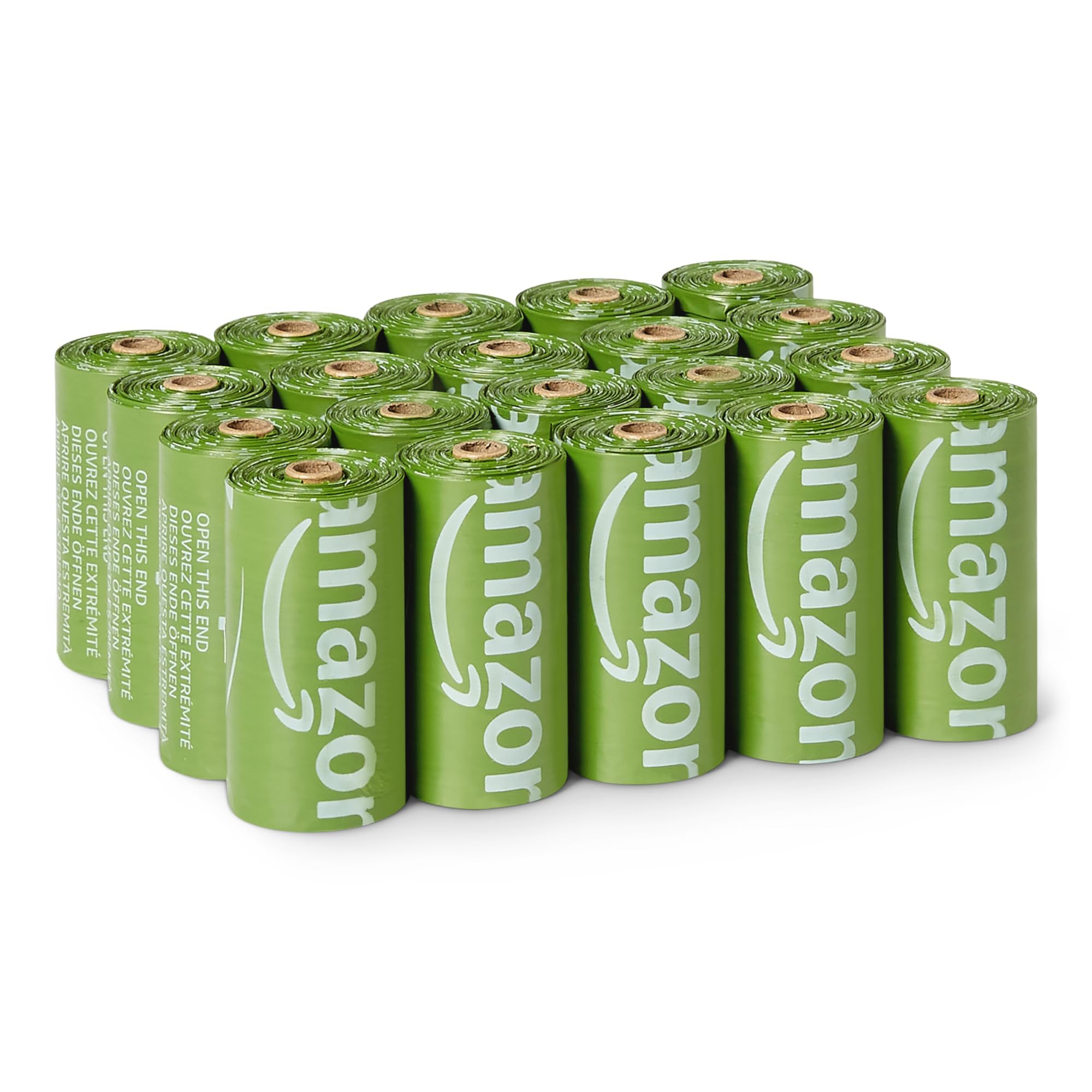 Bolsas Amazon Basics para desechos de perros, 70% recicladas, útiles para paseos diarios.