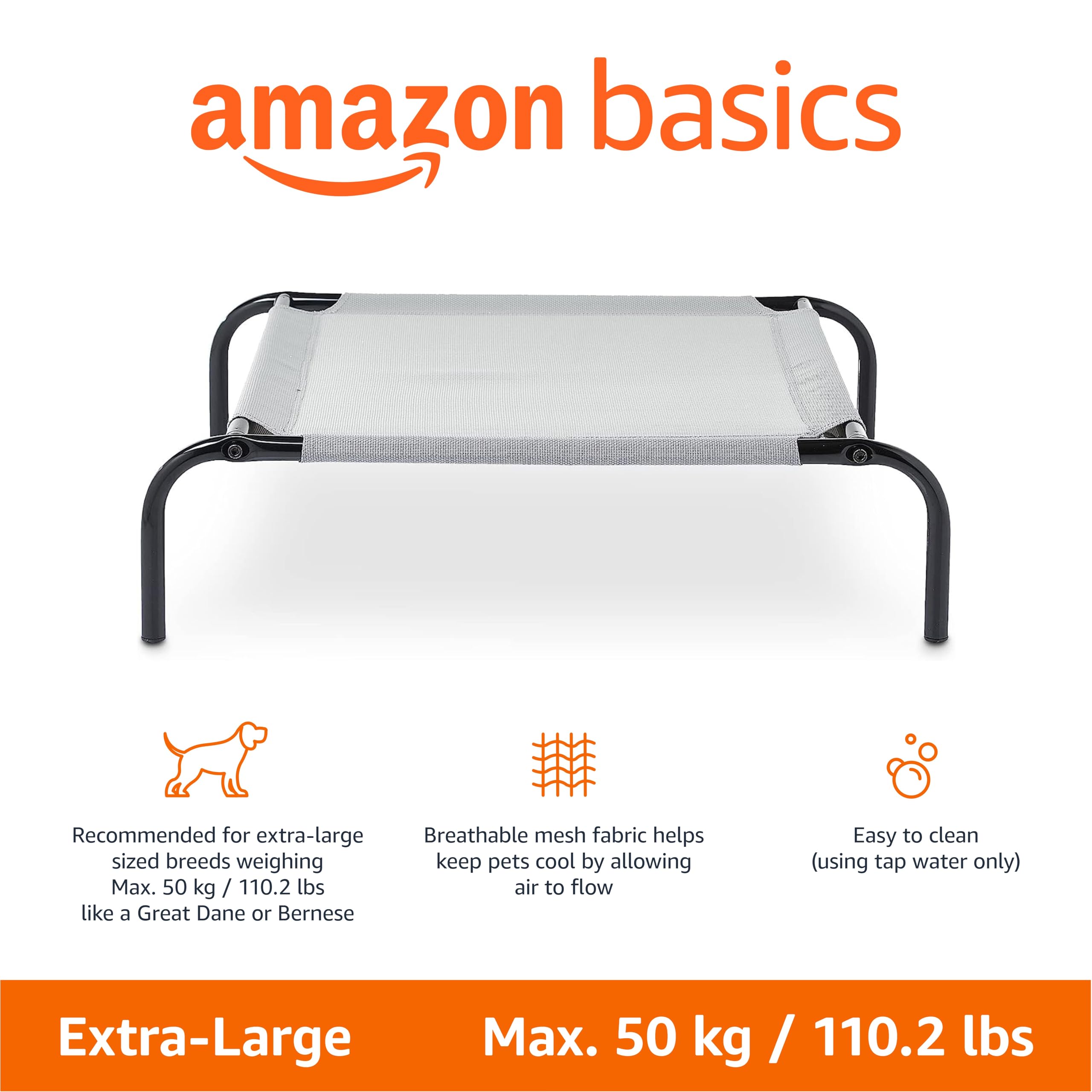 Amazon Basics cama para perro elevada gris muestra estructura duradera para uso diario.