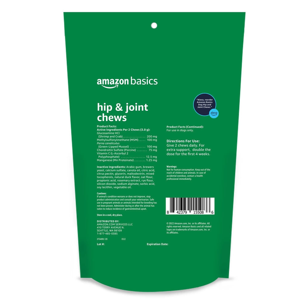 Amazon Basics friandises-ingredients-glucosamine, aperçu des actifs pour le soutien articulaire.