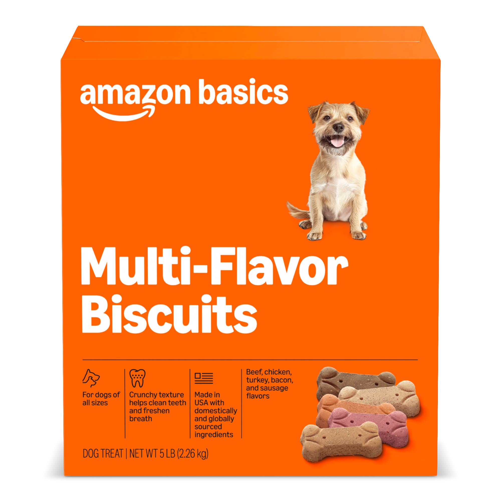 Amazon Basics galletas crujientes para perros, sabor multisabor, ideal para premios diarios.