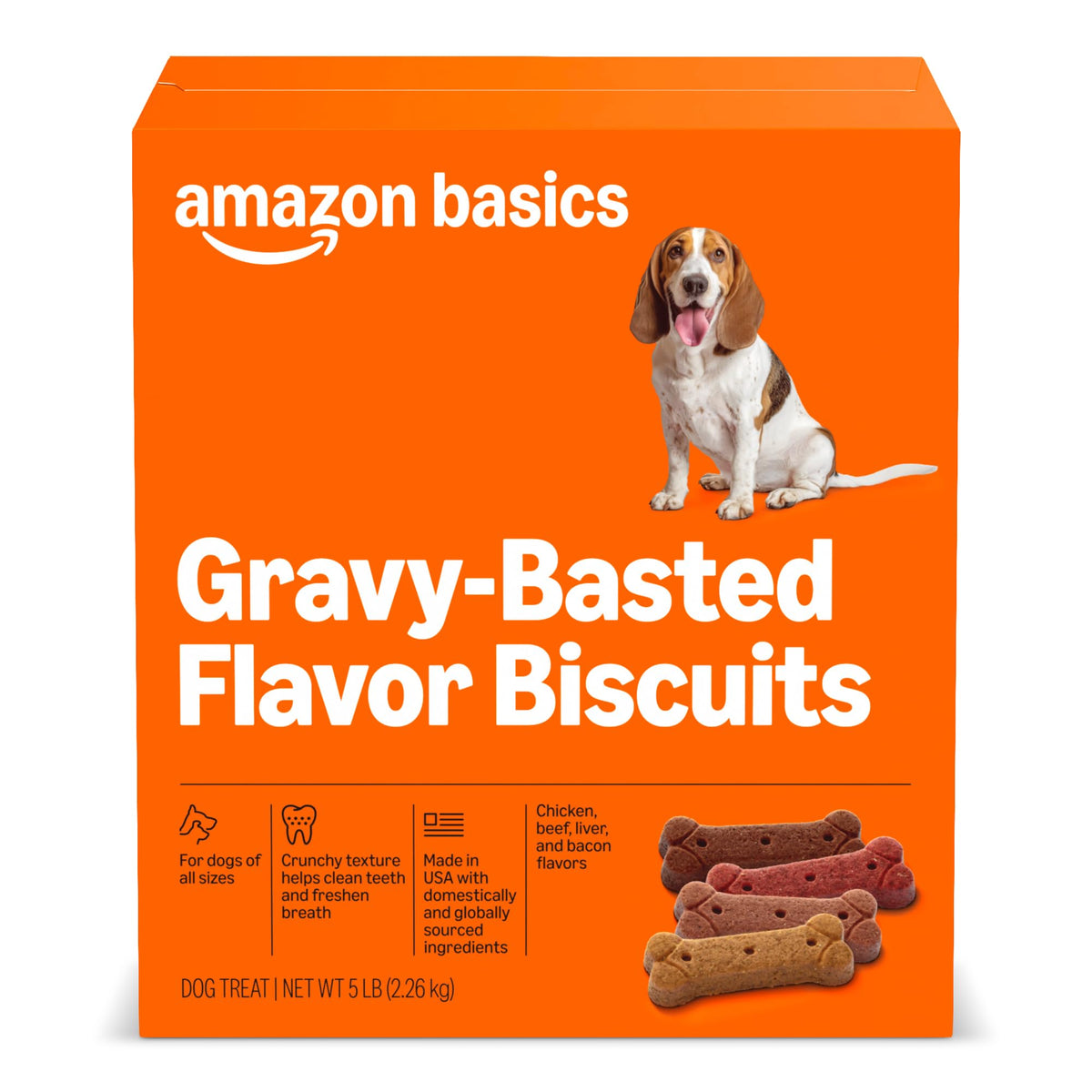 Galletas para perros Amazon Basics crujientes con gravy en caja de 5 libras.