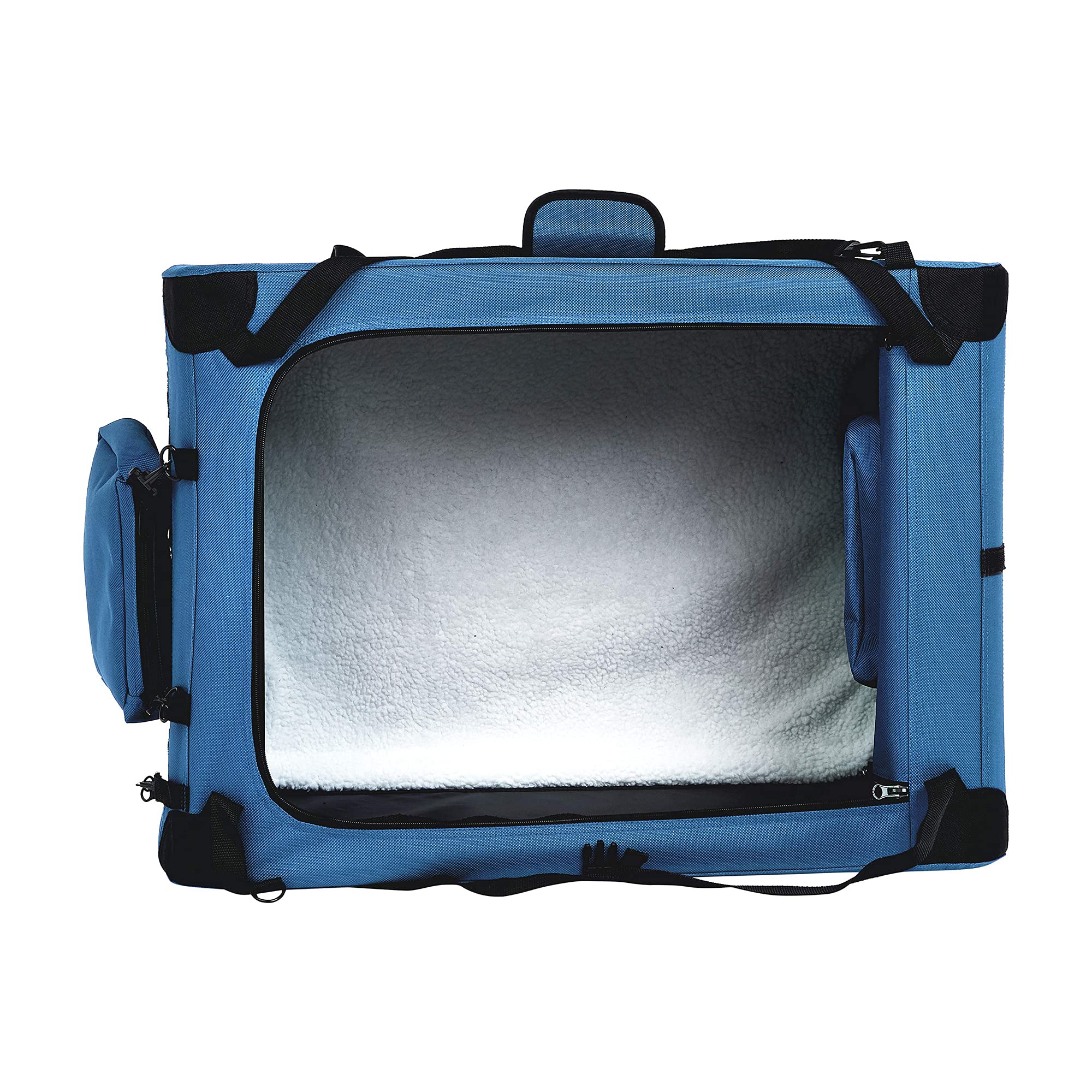 Amazon Basics jaula plegable azul con asa y correa para transporte cómodo.