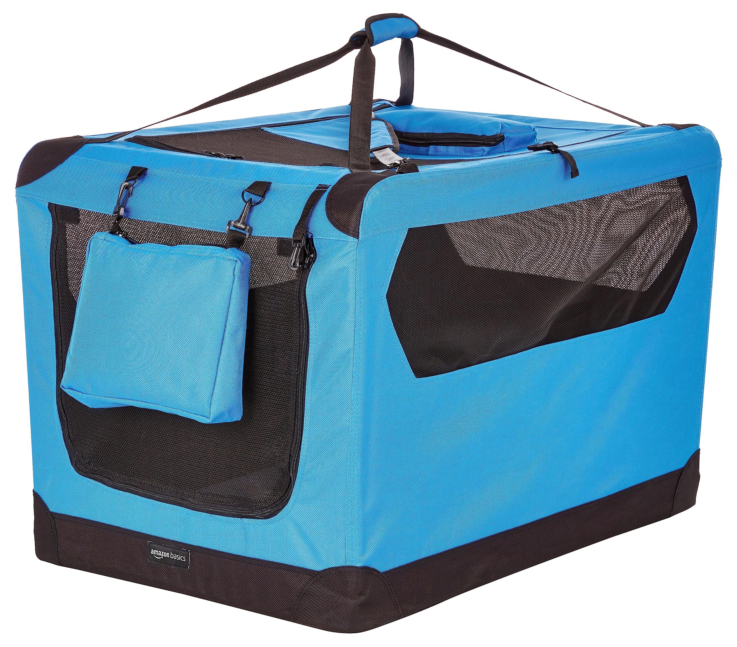 Amazon Basics jaula para perros plegable azul con entrada superior y frontal para fácil acceso.