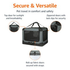 Amazon Basics jaula plegable abierta con mascota, acceso cómodo y seguro.
