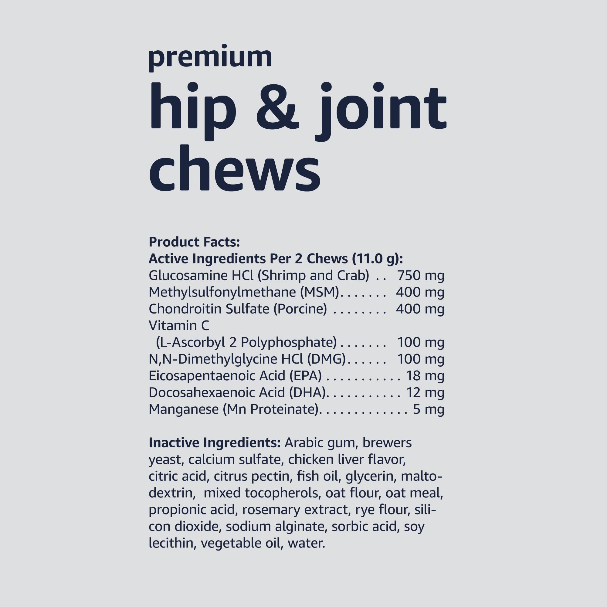 Guía de dosis diaria de Amazon Basics Premium masticables según peso del perro.