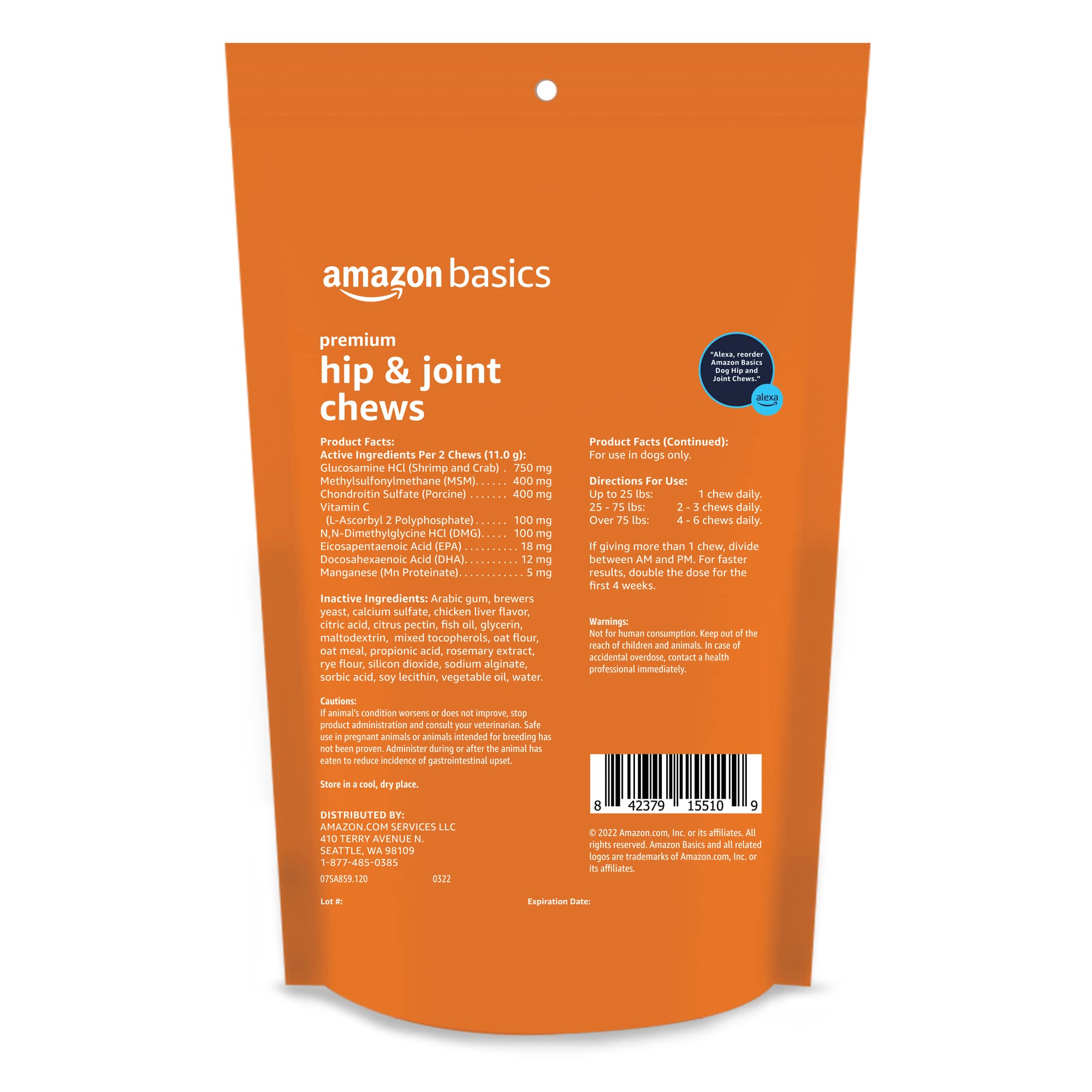 Etiqueta nutricional de Amazon Basics Premium masticables para uso diario.