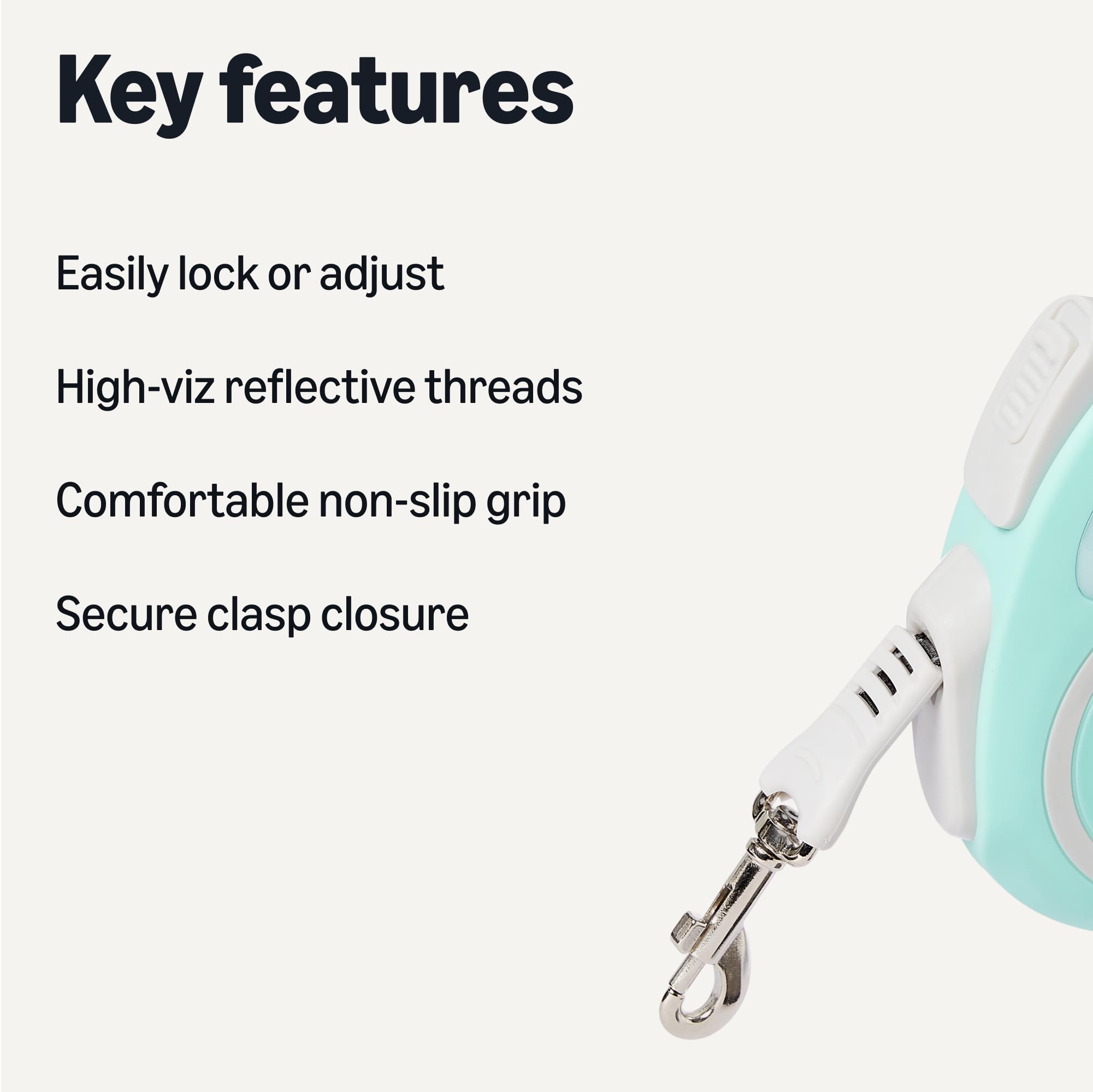 Amazon Basics correa con manija ergonómica sin deslizamiento para mayor control cómodo.